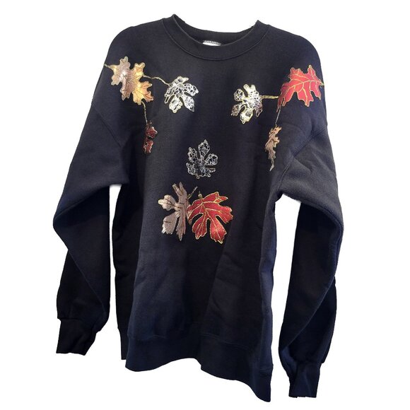 Vintage 1990s Autumn Vibes Fall Leaves Sweater | Handmade One of a Kind Puff Pai - Picture 1 of 5